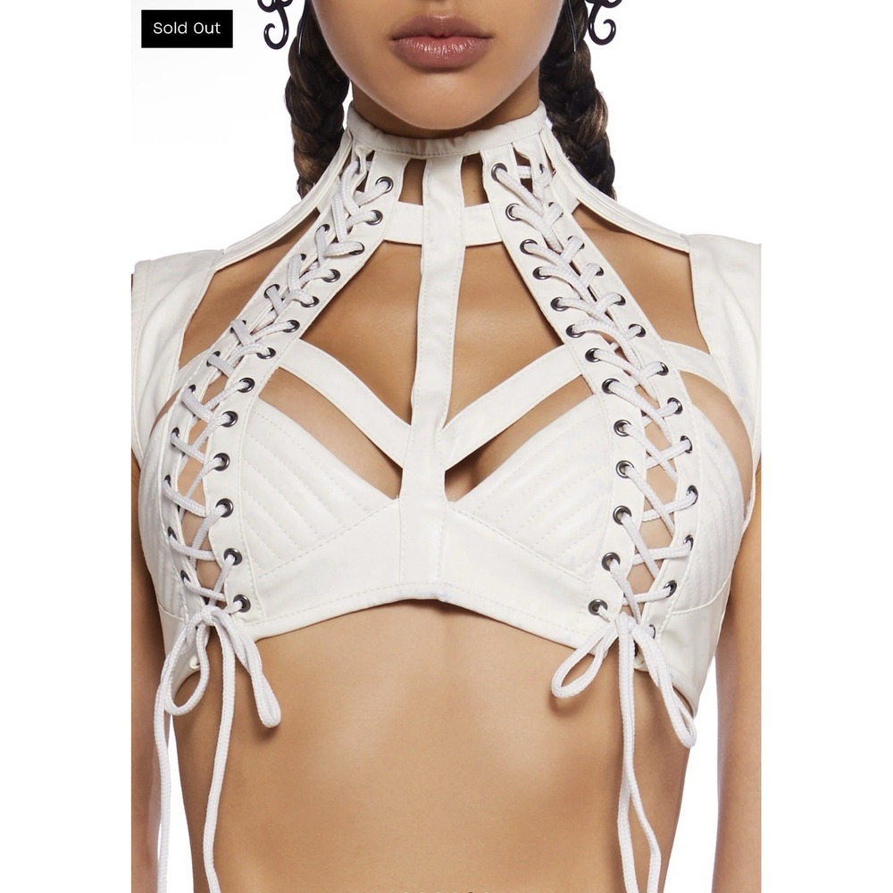 Dolls kill RUDE AWAKENING HARNESS BRA TOP Size Small Club Exx Ivory Faux Leather